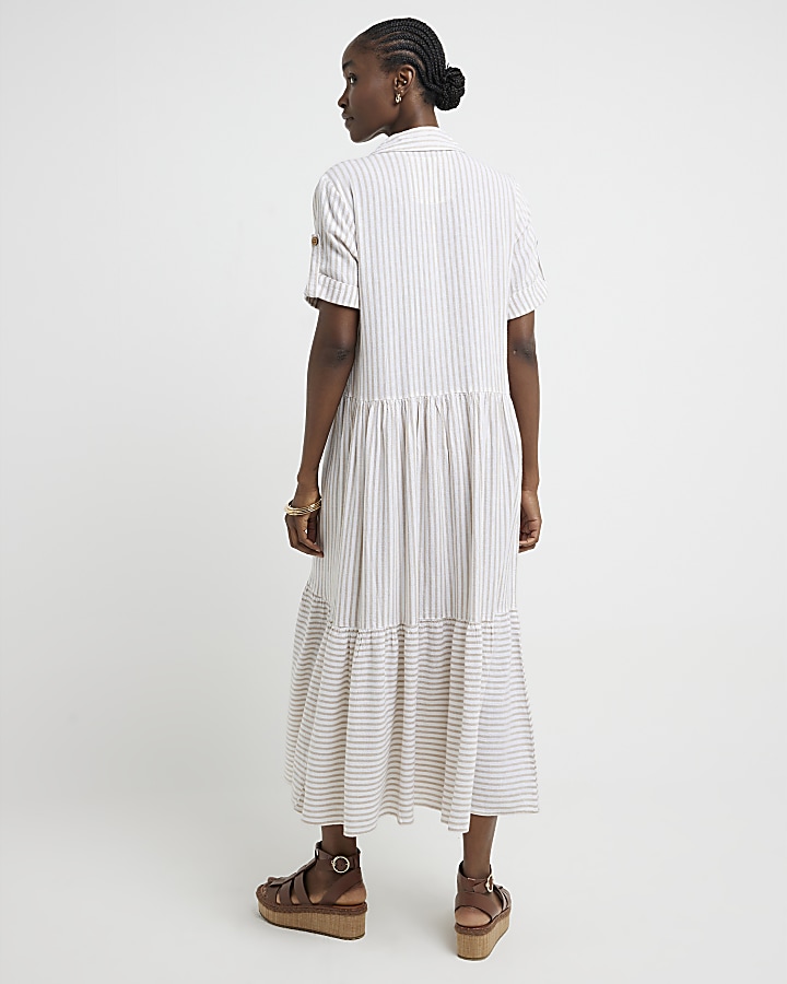 Cream linen blend stripe smock maxi dress