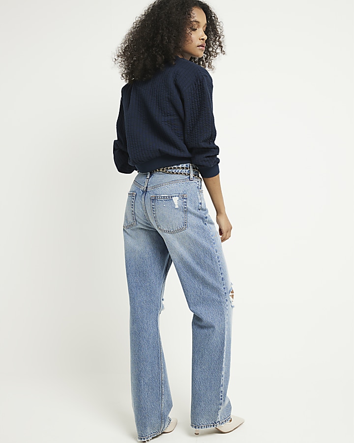 Blue high waisted relaxed straight rip jeans
