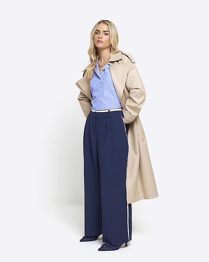 Navy side cheap stripe trousers