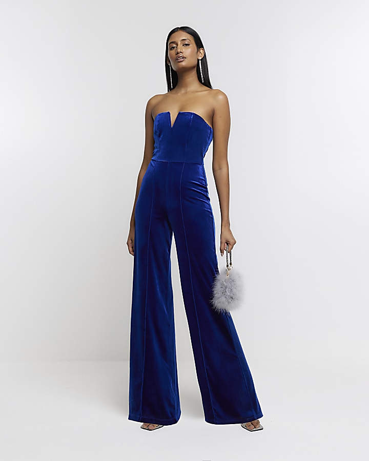 Blue velvet bandeau jumpsuit