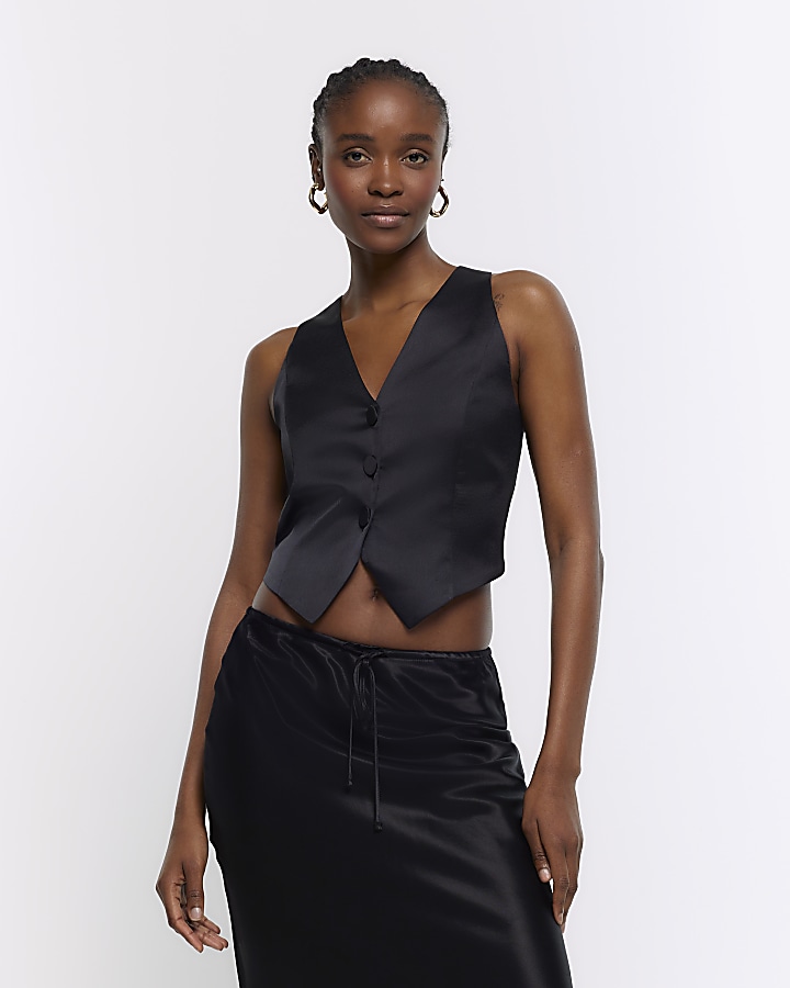 Black satin waistcoat | River Island