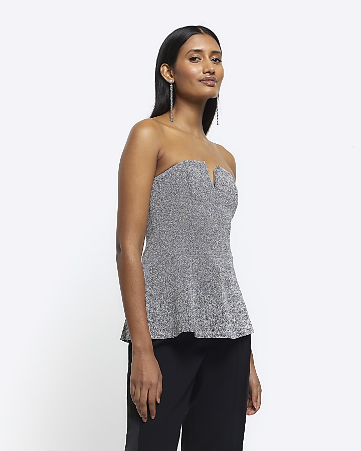 Brilia Bandeau Top in Sequin Knit Silver