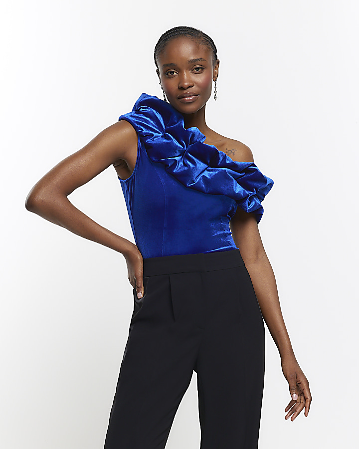 Blue velvet ruched asymmetric top