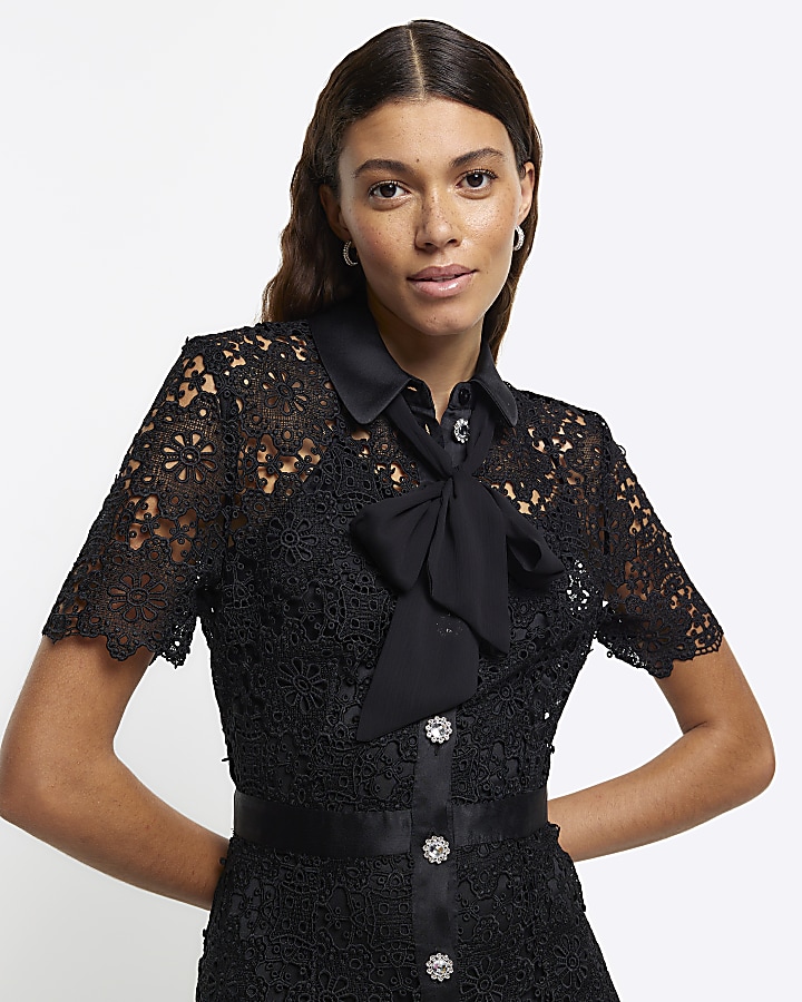 Black lace bow neck midi shirt dress