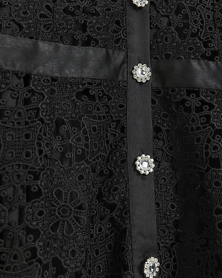 Black lace bow neck midi shirt dress