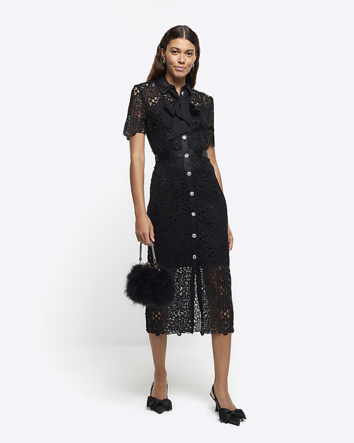 Black lace bow neck midi shirt dress