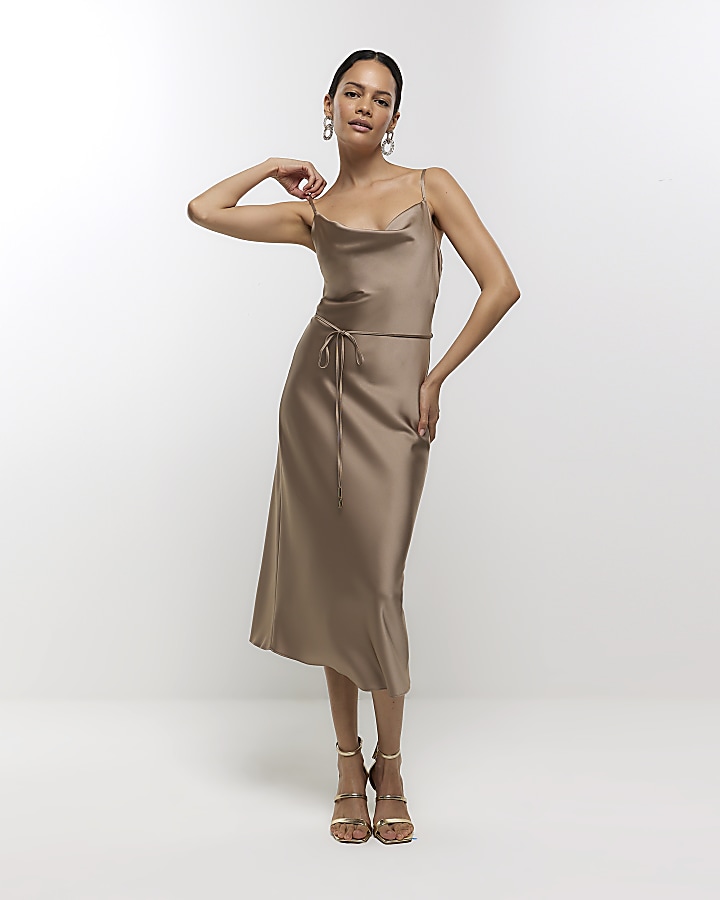 Beige satin cowl neck slip midi dress