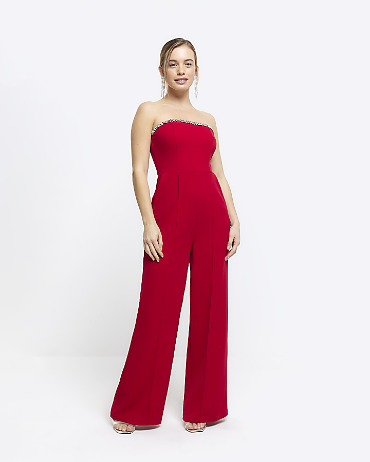 Petite red diamante bandeau jumpsuit