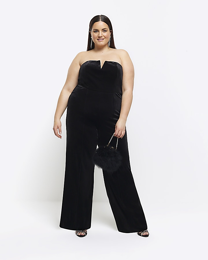 Plus black velvet bandeau jumpsuit