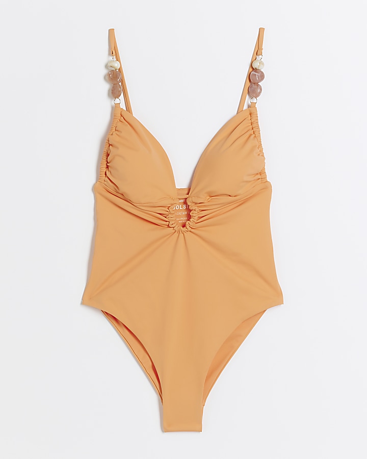 Orange beaded plunge swimsuit