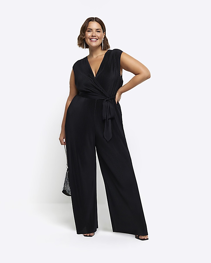 Plus black plisse wide leg wrap jumpsuit