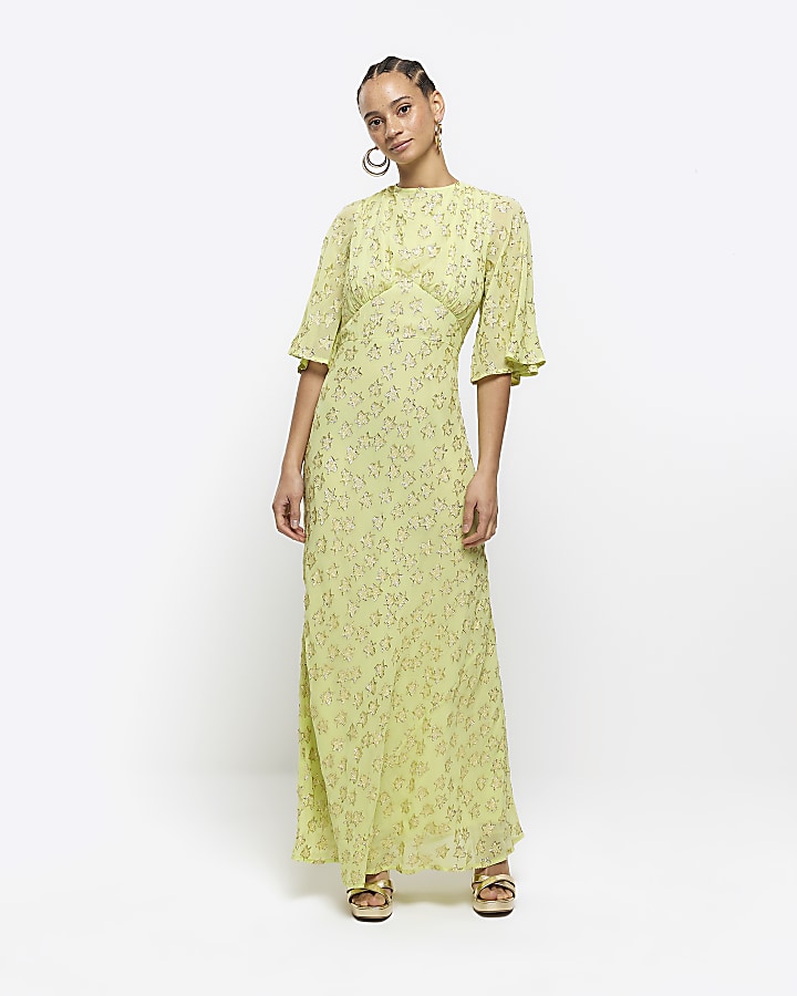 Lime green glitter star swing maxi dress