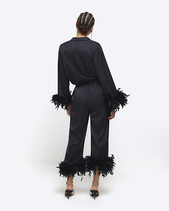 Black satin feather trim crop trousers