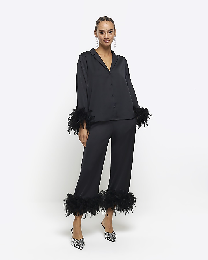 Black satin feather trim crop trousers