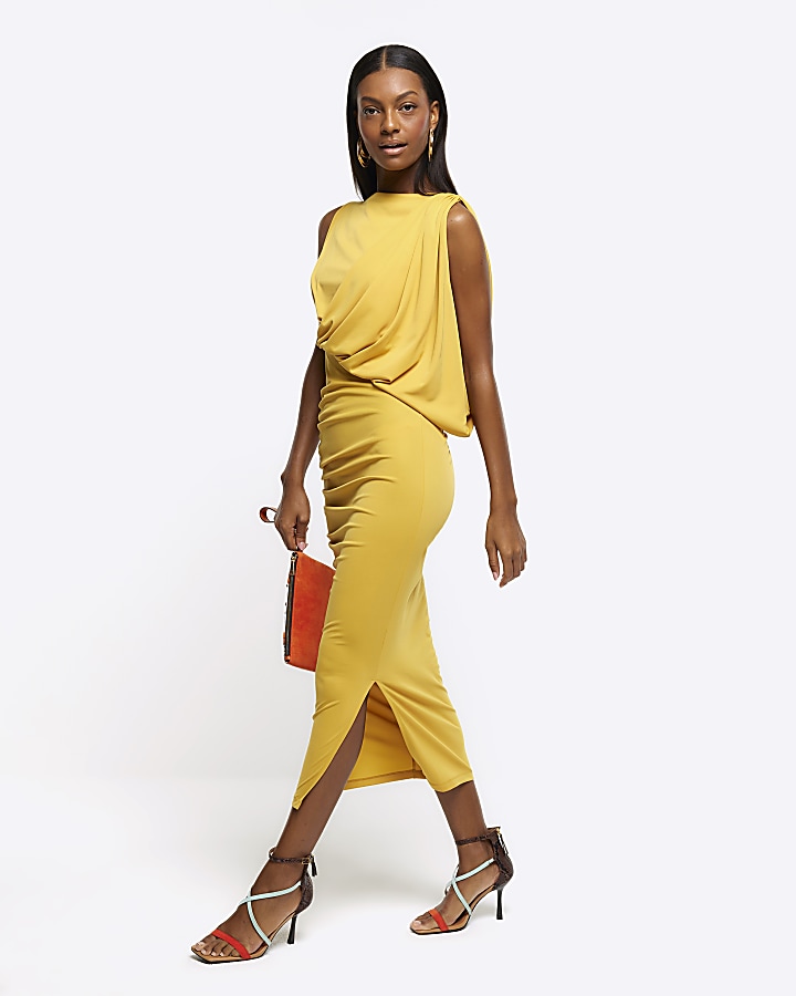 Yellow drape bodycon midi dress