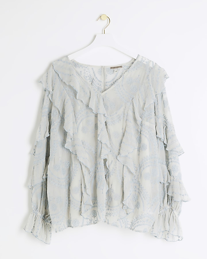 Plus blue embroidered frill blouse