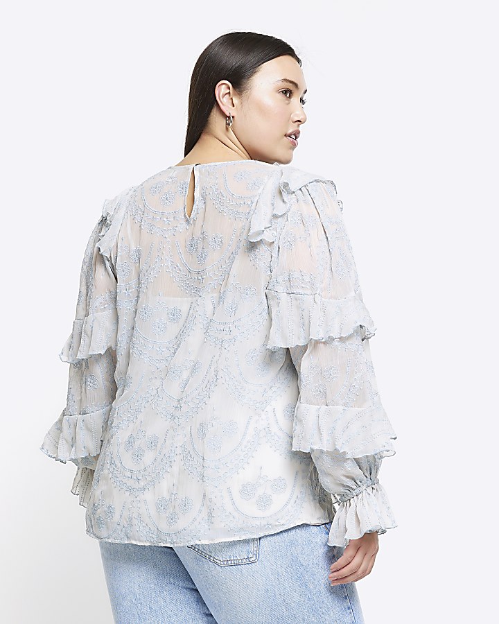 Plus blue embroidered frill blouse