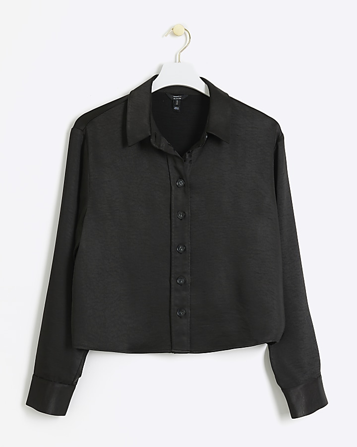 Black satin long sleeve crop shirt