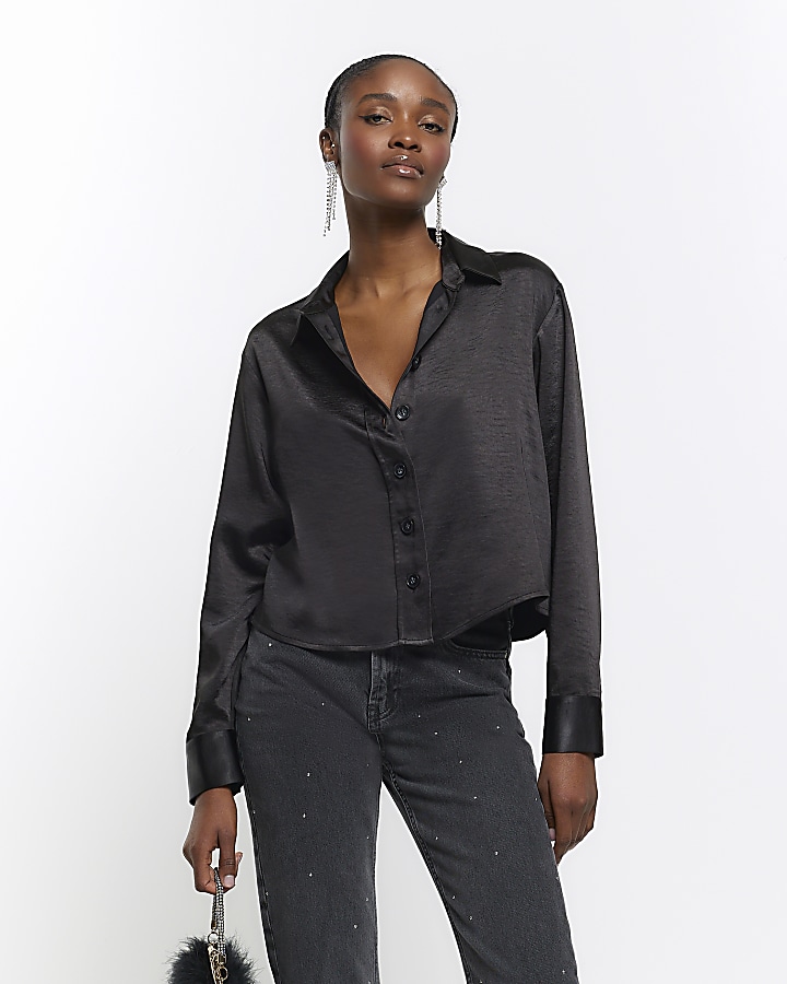 Black satin long sleeve crop shirt | River Island