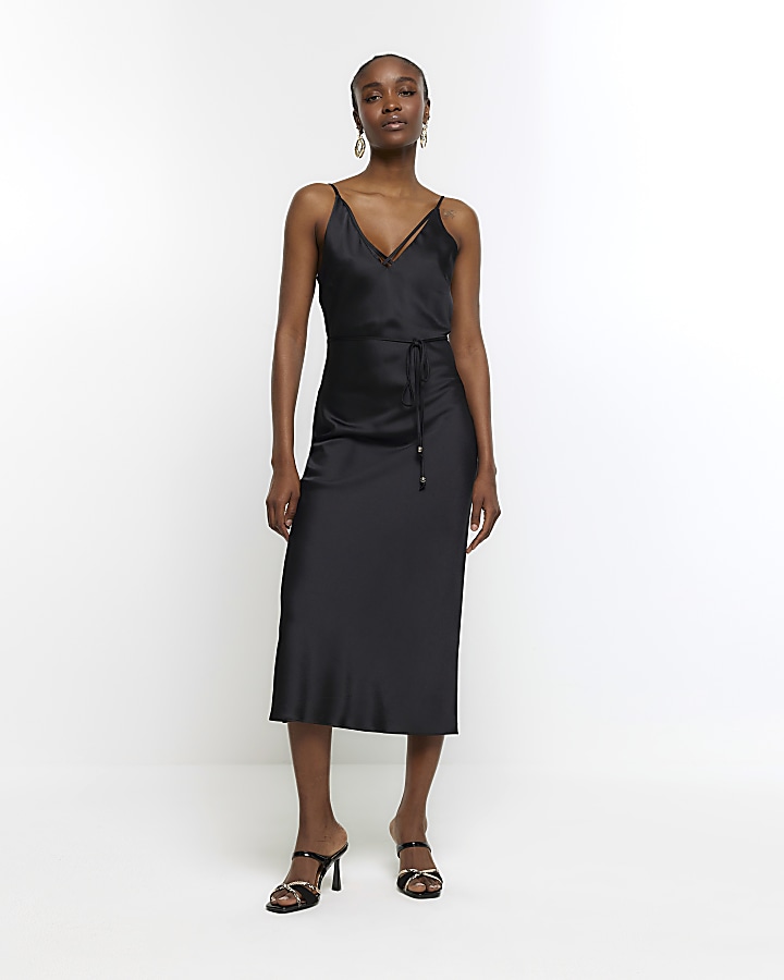 Midi black 2025 satin dress