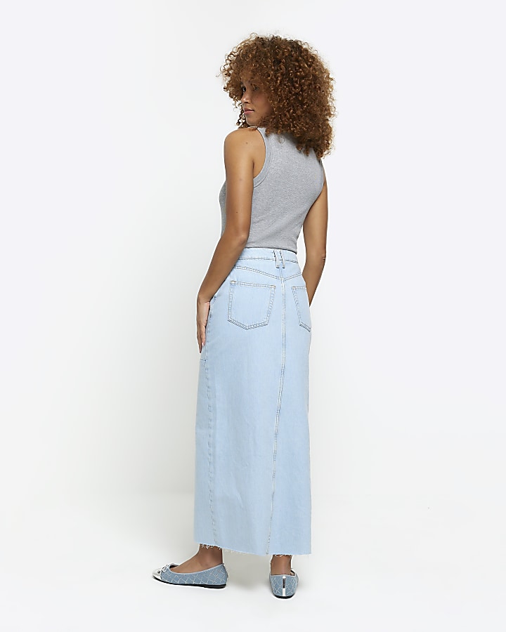 Blue seamed denim maxi skirt