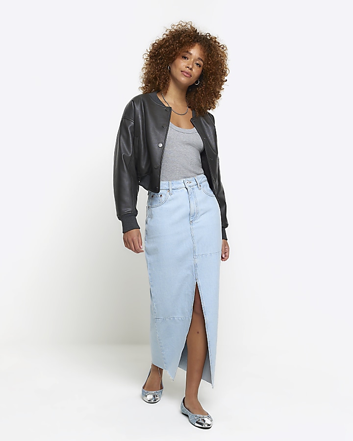 Blue seamed denim maxi skirt River Island