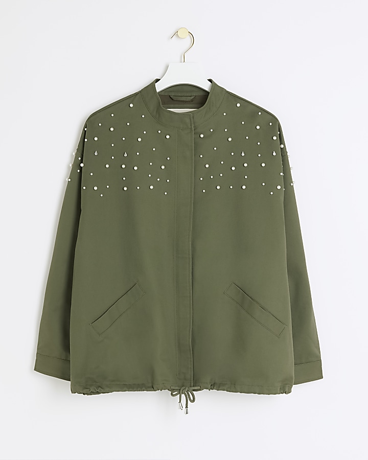 Khaki pearl detail bomber jacket