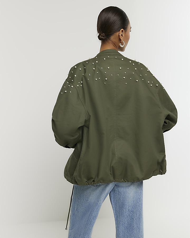 Khaki pearl detail bomber jacket