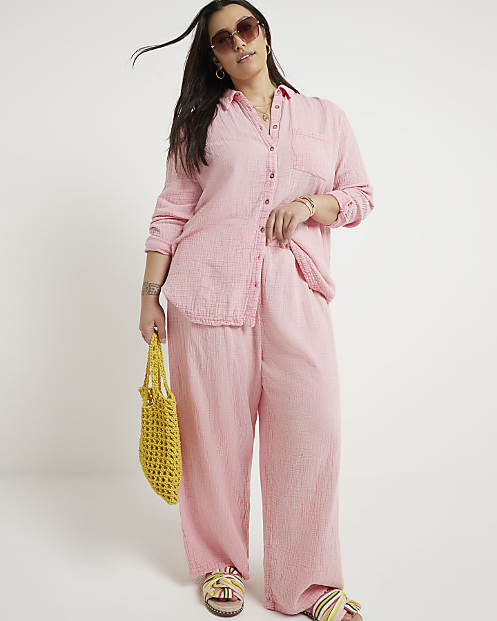 Plus pink elasticated wide leg trousers