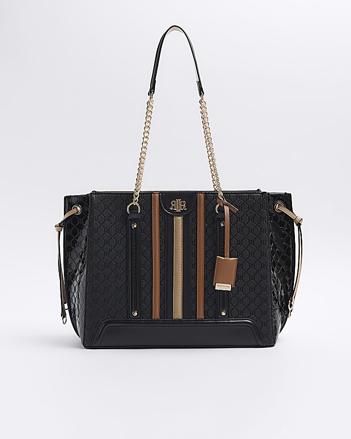 Black embossed monogram tote bag | River Island