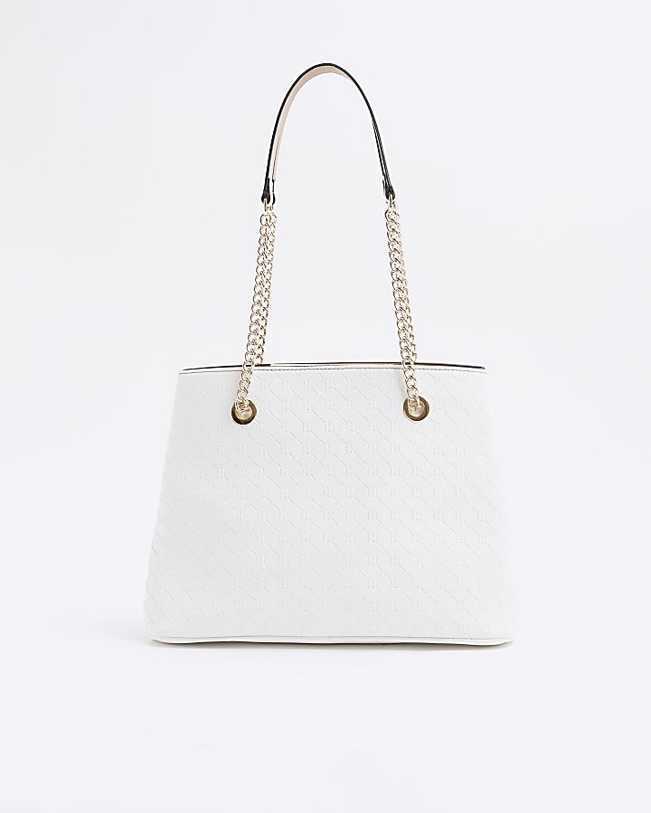 White embossed pocket tote bag