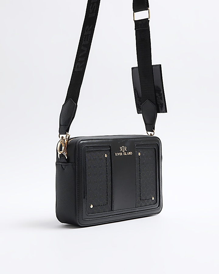 Black RI monogram boxy cross body bag River Island