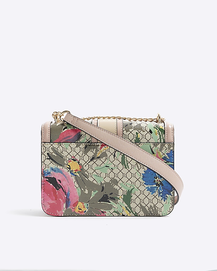 Beige floral monogram satchel bag