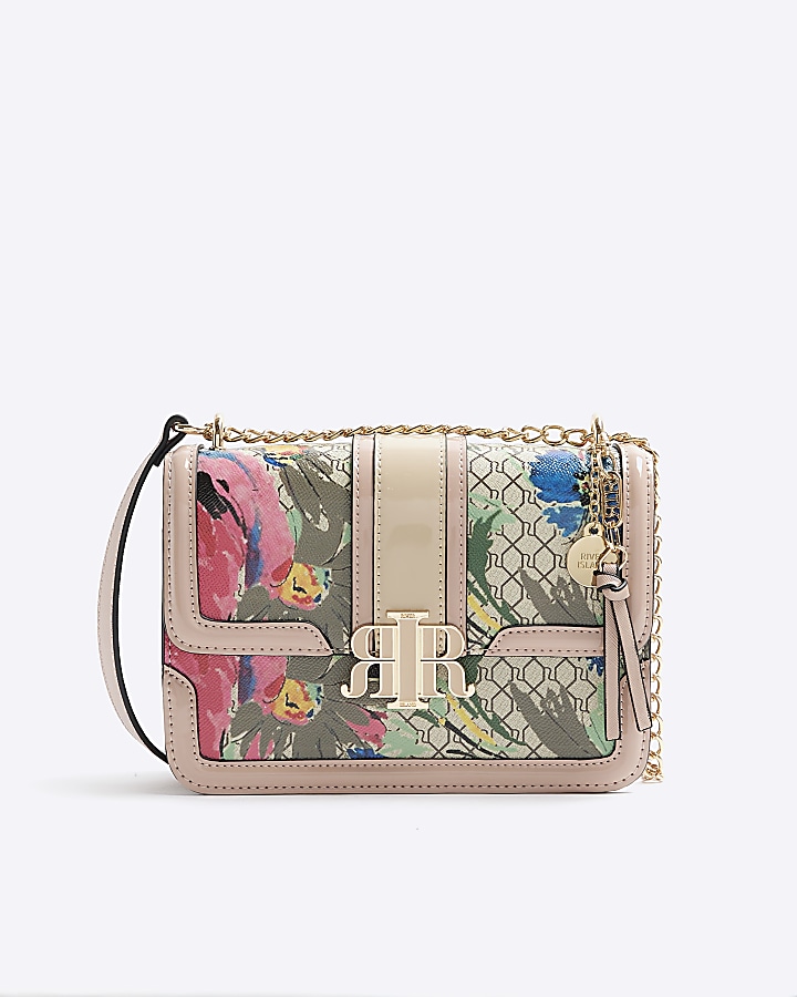 Beige floral monogram satchel bag