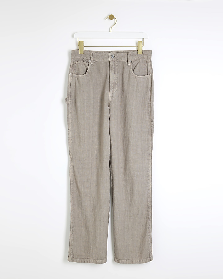 Grey linen blend straight trousers