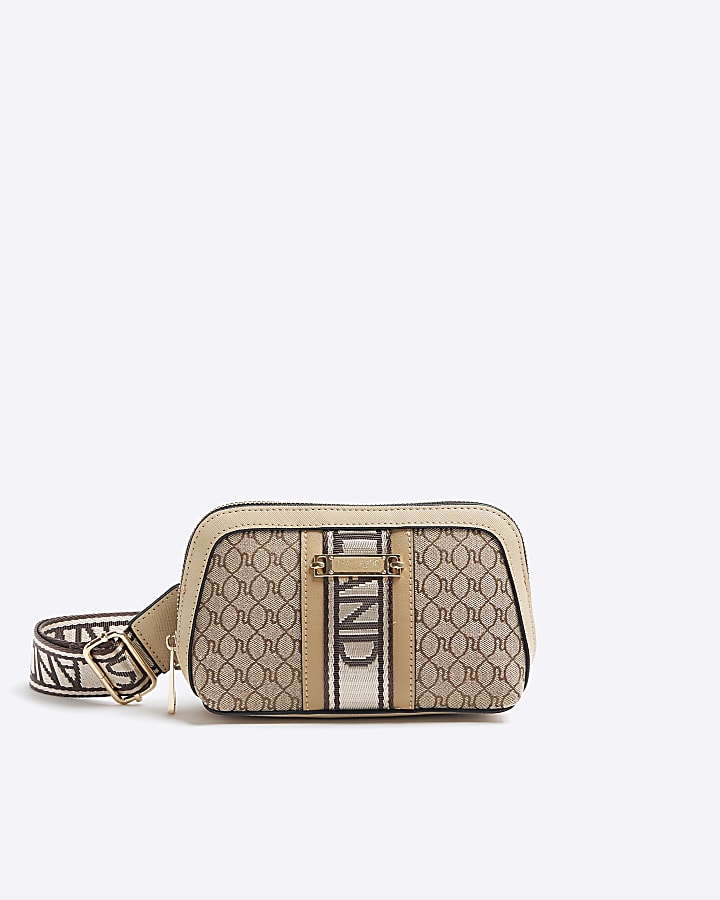 Beige RI monogram cross body bag River Island