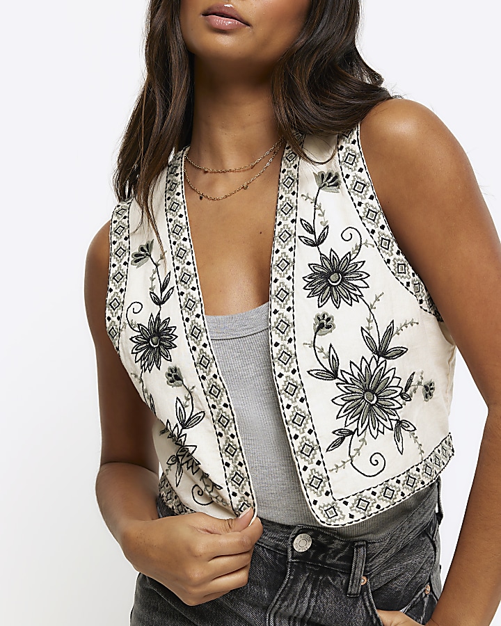 Cream embroidered floral waistcoat