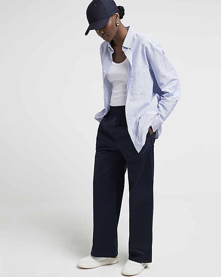 Navy wide fit pull on trousers