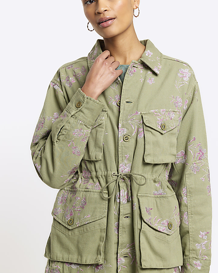 Khaki embroidered floral utility shacket River Island