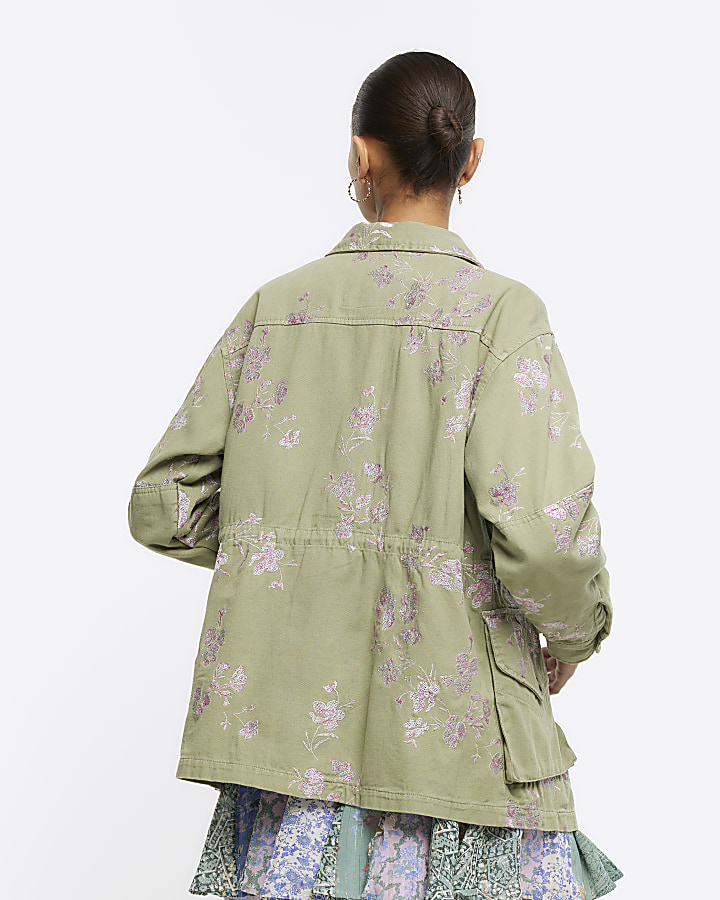 Khaki embroidered floral utility shacket