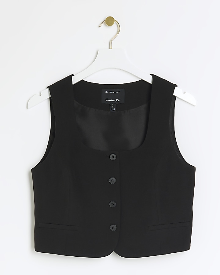 Black square neck crop waistcoat
