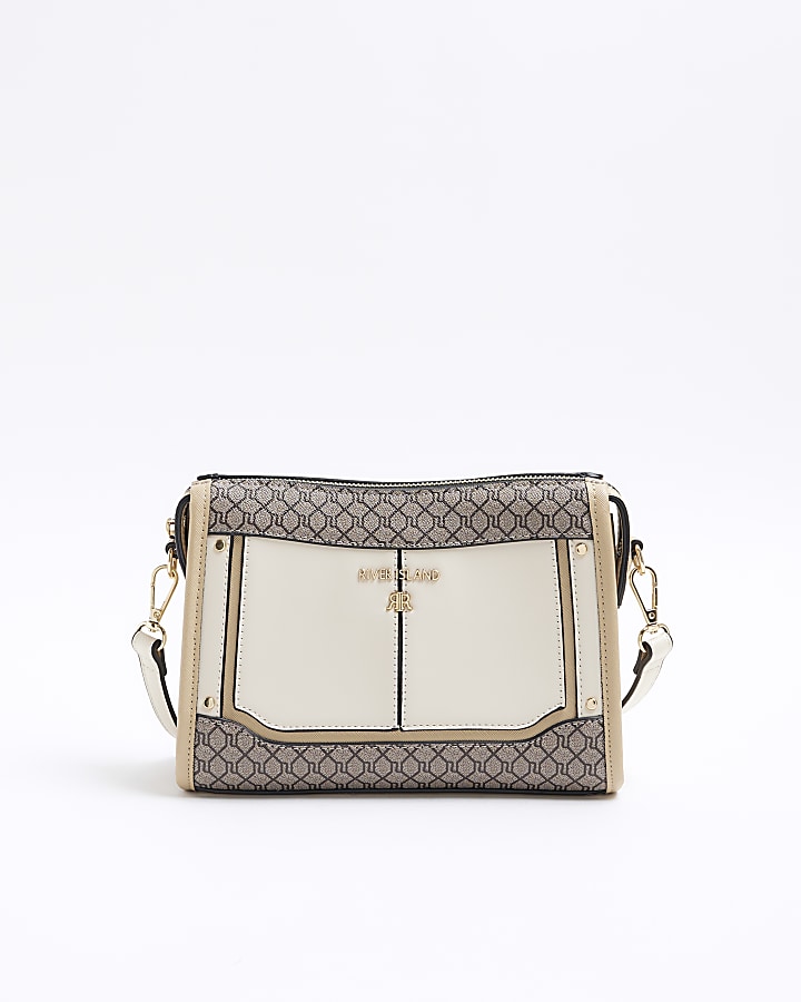 Cream RI monogram panel cross body bag