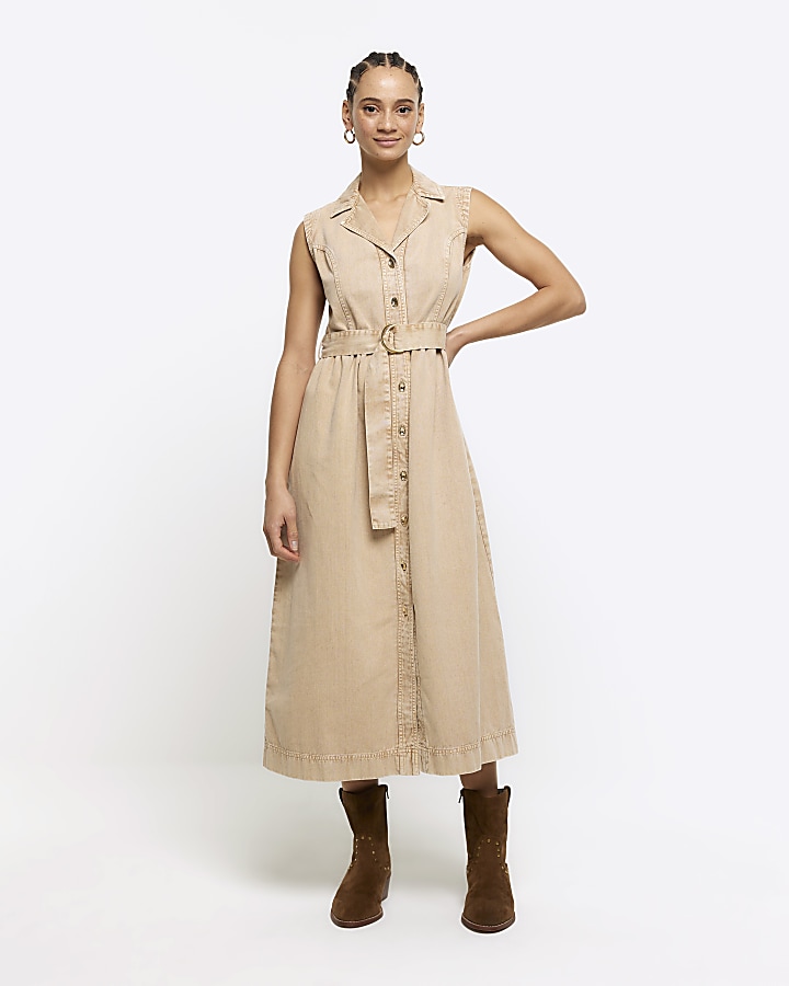 Beige belted denim midi shirt dress