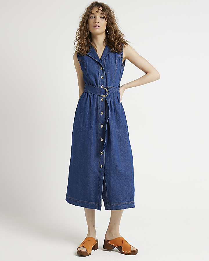 Blue Belted Denim midi shirt Dress