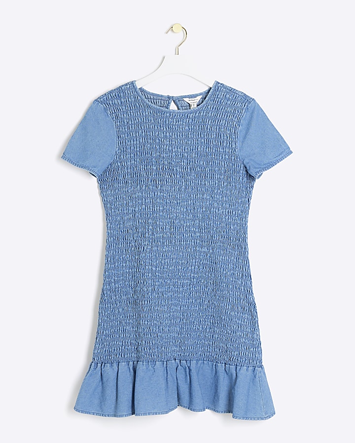 Blue shirred t-shirt mini dress