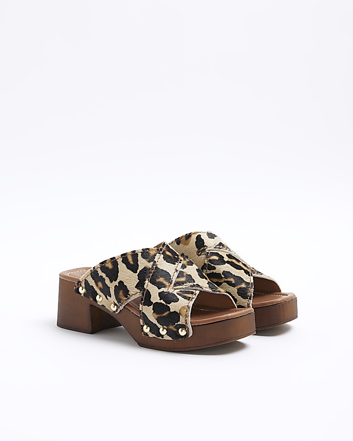 Brown leopard print studded clog sandals
