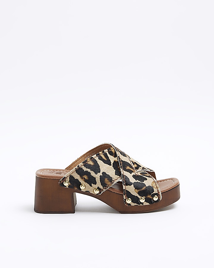 Brown leopard print studded clog sandals