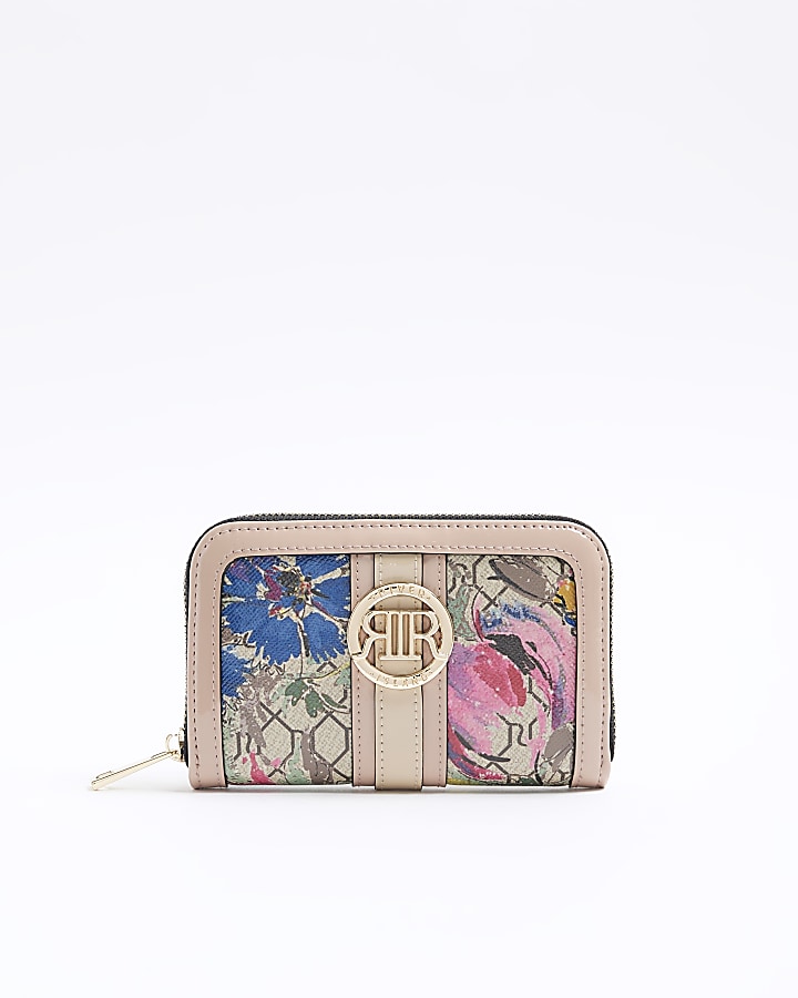 Beige floral monogram purse