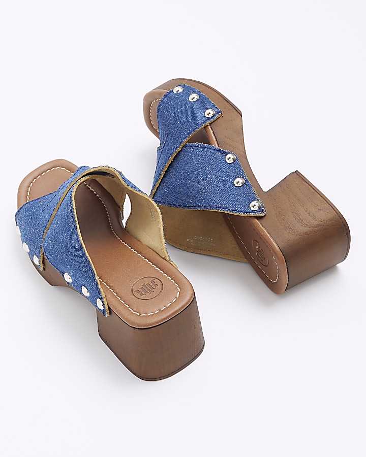 Blue denim studded clog sandals