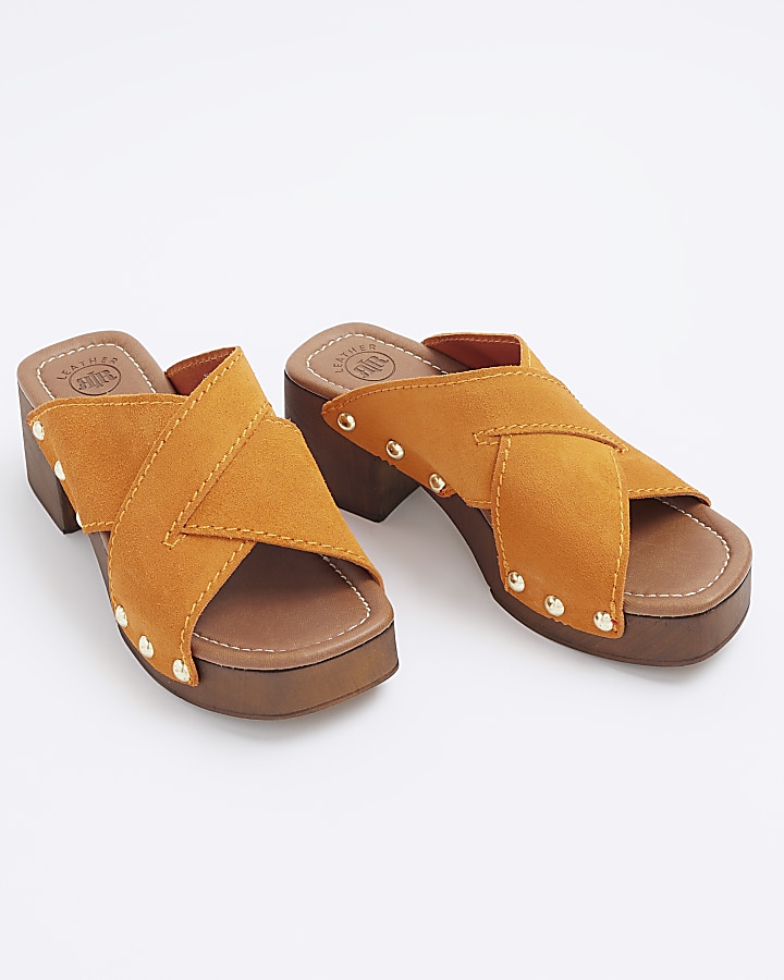 Orange suede studded clog sandals